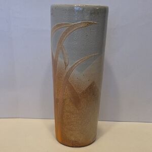 Ceramic Vase With Grass Leaves Design 9" Tall Marked